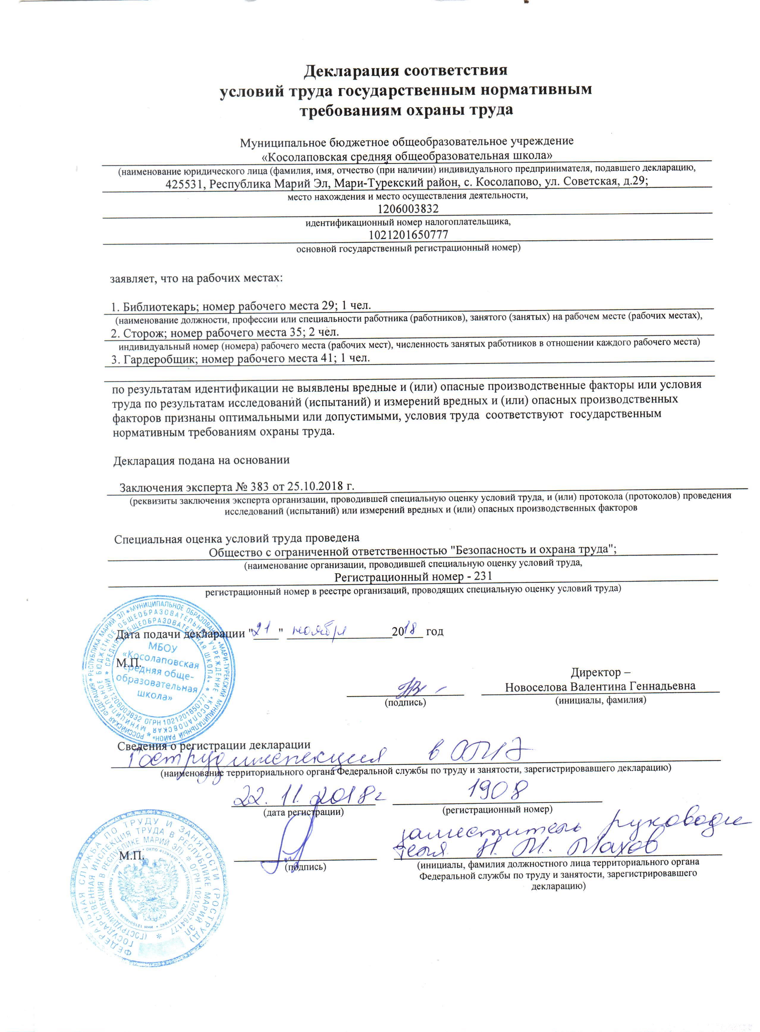 Образец декларации соответствия условий труда государственным ...